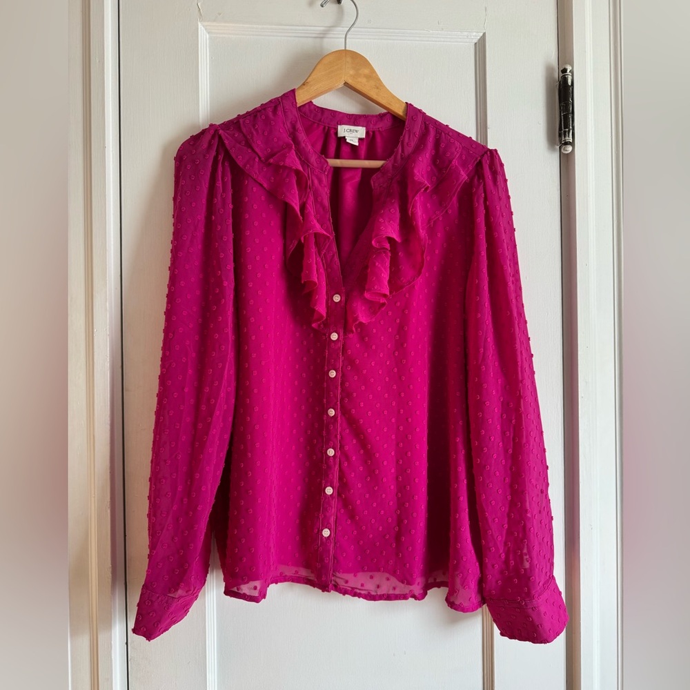 J. Crew Fuchsia Ruffle Swiss Dot Blouse